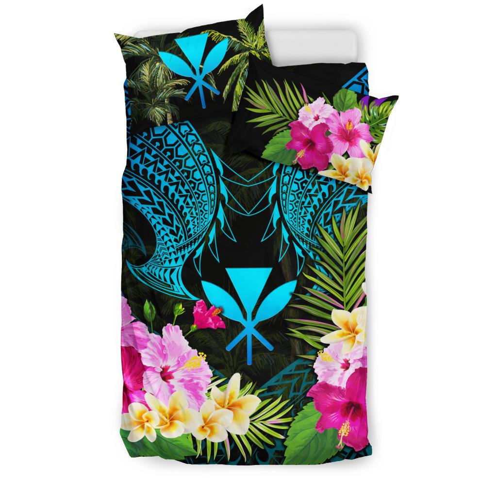 Polynesian Bedding Set - Hawaii Duvet Cover Blue Kanaka Maoli Hibiscus Plumeria Coconut - Polynesian Pride