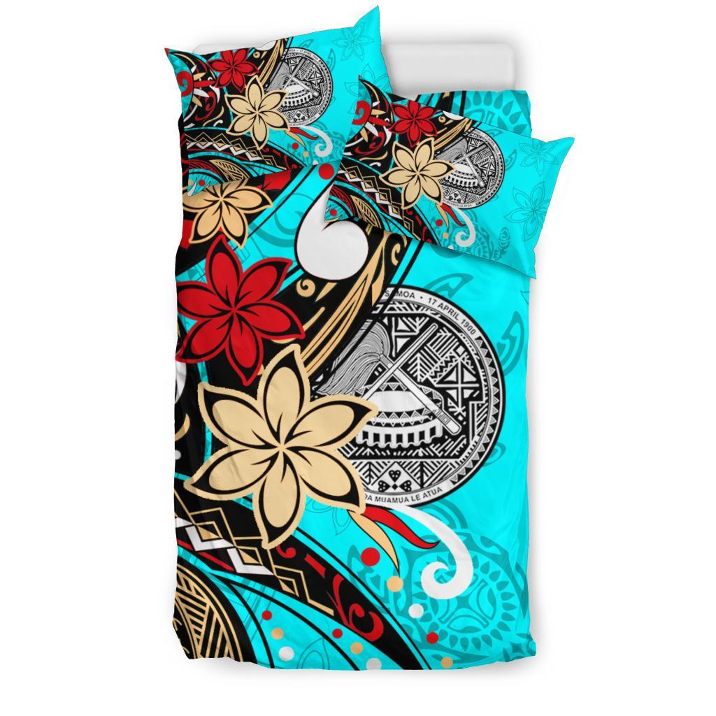 American Samoa Bedding Set - Tribal Flower With Special Turtles Blue Color - Polynesian Pride