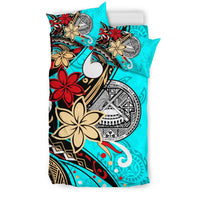 American Samoa Bedding Set - Tribal Flower With Special Turtles Blue Color - Polynesian Pride