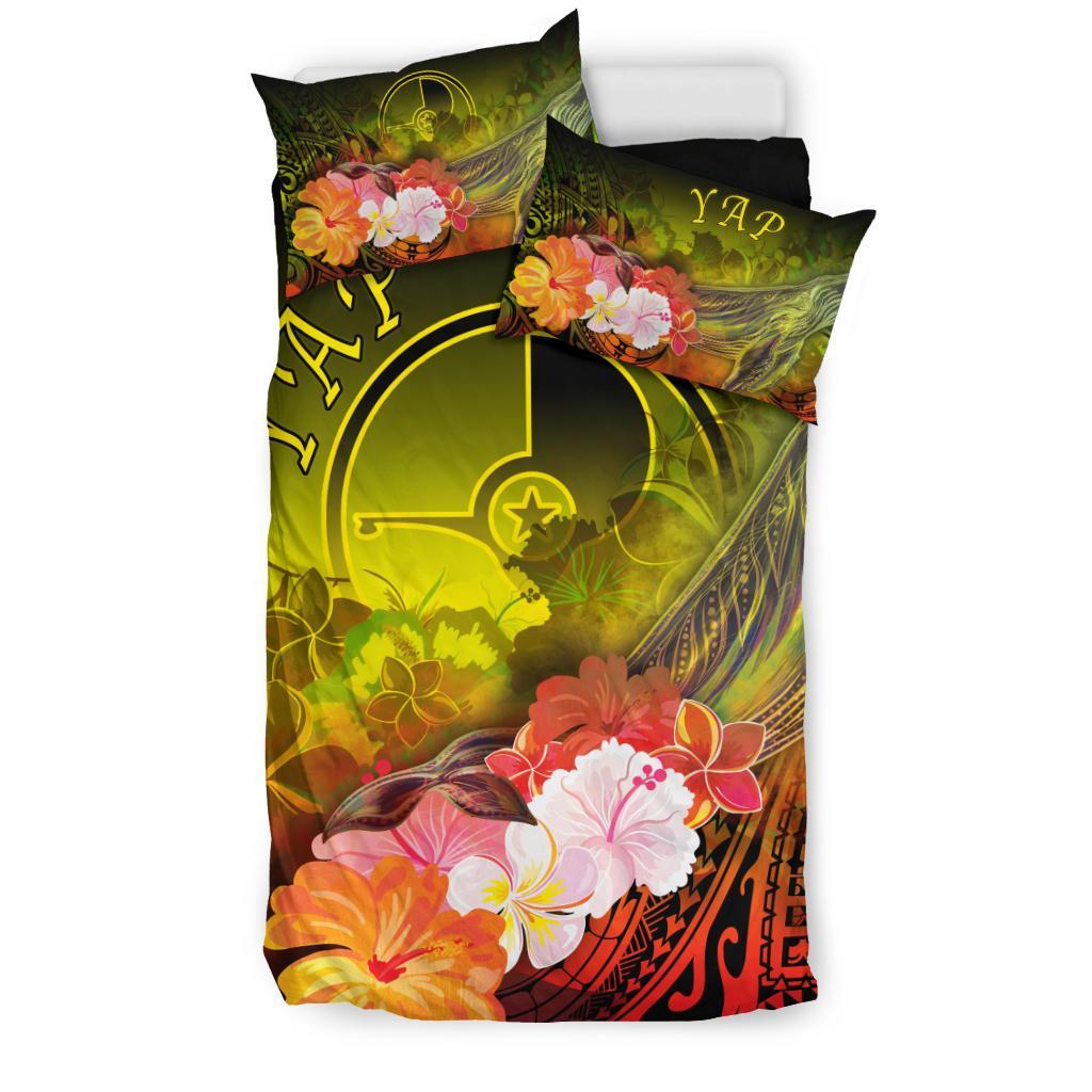 Yap Bedding Set - Humpback Whale with Tropical Flowers (Yellow) - Polynesian Pride