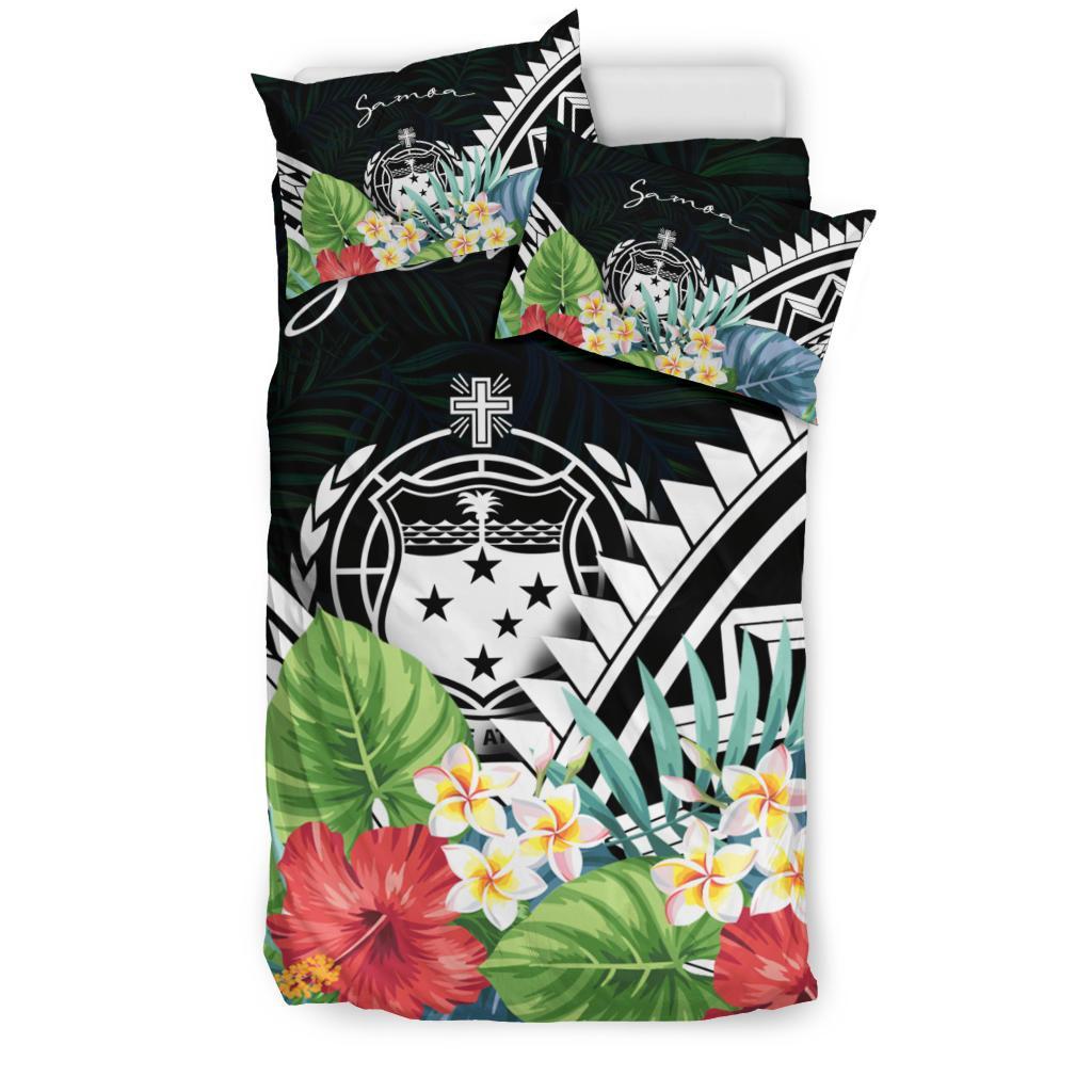 Samoa Bedding Set - Samoa Coat of Arms & Polynesian Tropical Flowers White - Polynesian Pride