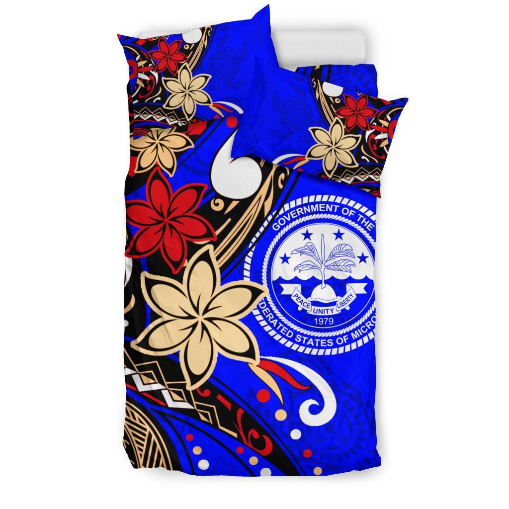 Federated States Of Micronesia Bedding Set - Tribal Flower With Special Turtles Blue Color - Polynesian Pride