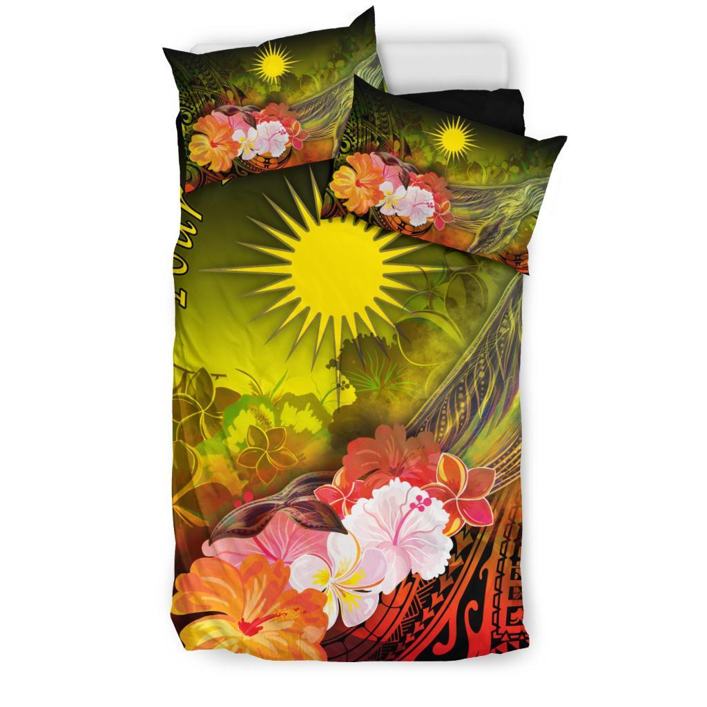 Marshall Islands Custom Personalised Bedding Set - Humpback Whale with Tropical Flowers (Yellow) - Polynesian Pride