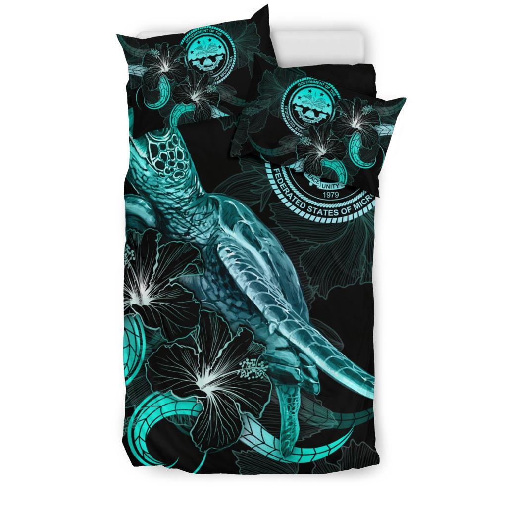 Federated States of Micronesia Polynesian Bedding Set - Turtle With Blooming Hibiscus Turquoise - Polynesian Pride
