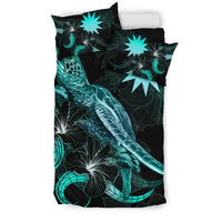 Nauru Polynesian Bedding Set - Turtle With Blooming Hibiscus Turquoise - Polynesian Pride