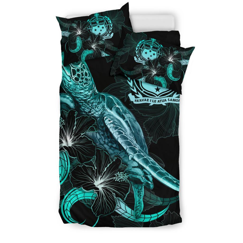 Samoa Polynesian Bedding Set - Turtle With Blooming Hibiscus Turquoise - Polynesian Pride