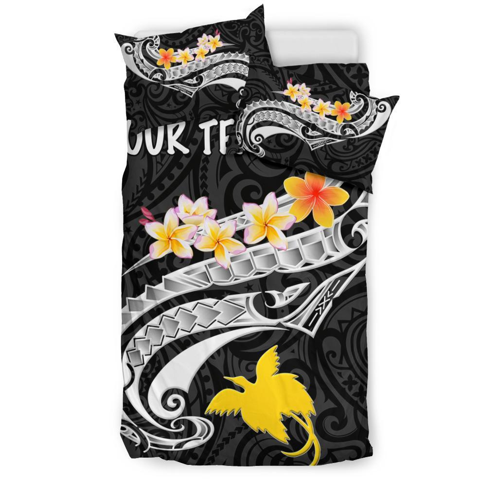 Papua New Guinea Custom Personalised Bedding Set - PNG Seal Polynesian Patterns Plumeria (Black) - Polynesian Pride