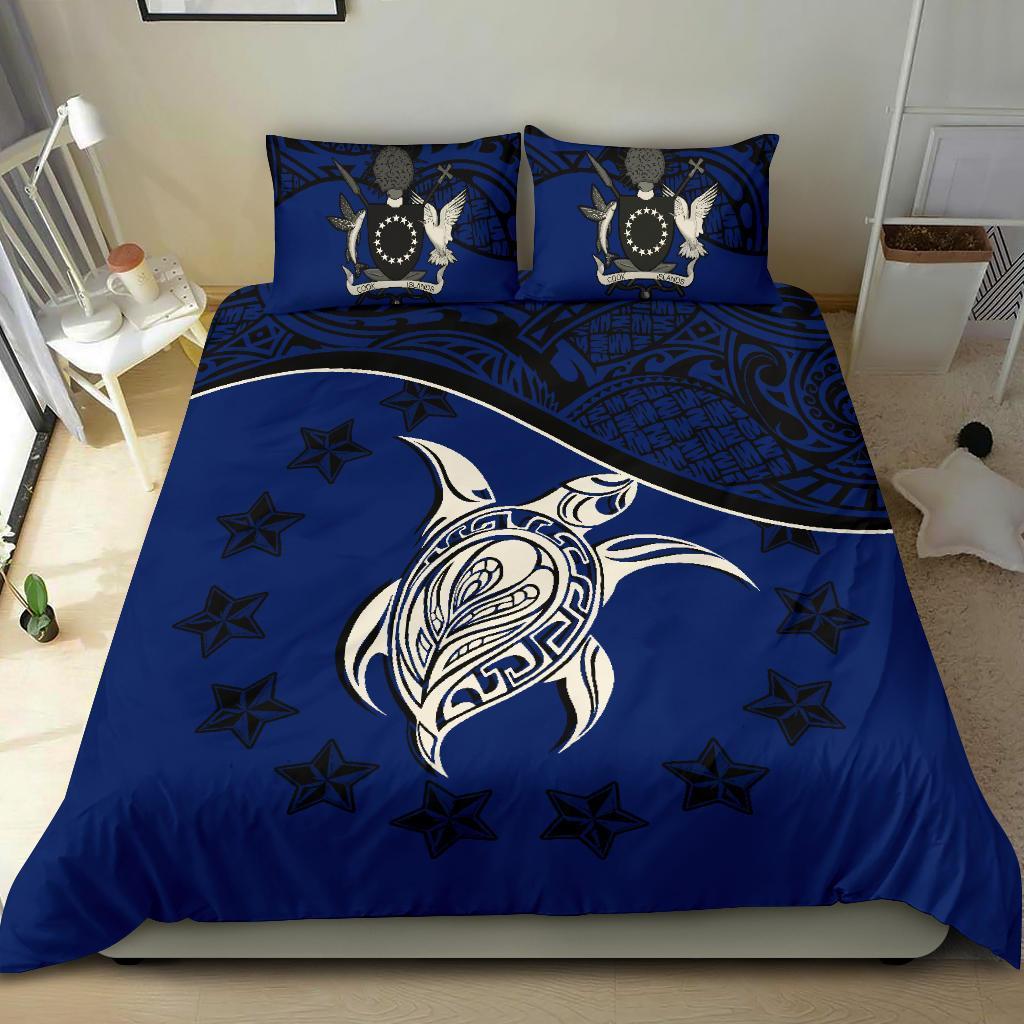 Cook Island Duvet Cover Set - Cook Island Flag & Turtle Tattoo Dark Blue - Polynesian Pride