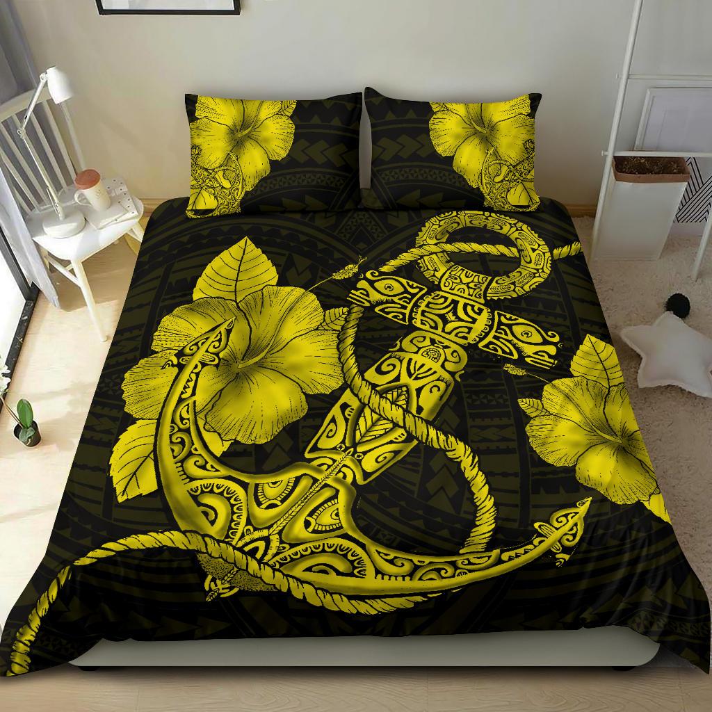 Hawaiian Anchor Poly Tribal Hibiscus Polynesian Bedding Set Yellow - Polynesian Pride