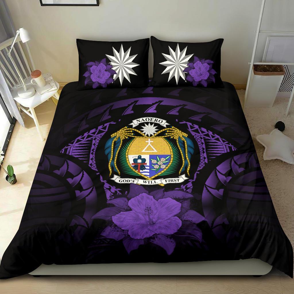 Nauru Duvet Cover Set - Nauru Coat Of Arms & Purple Hibiscus - Polynesian Pride
