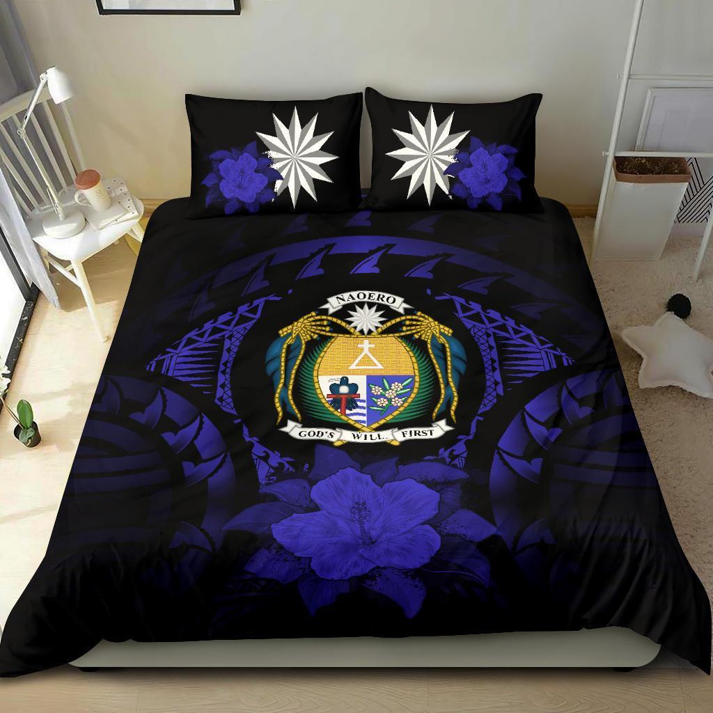 Nauru Duvet Cover Set - Nauru Coat Of Arms & Dark Blue Hibiscus - Polynesian Pride