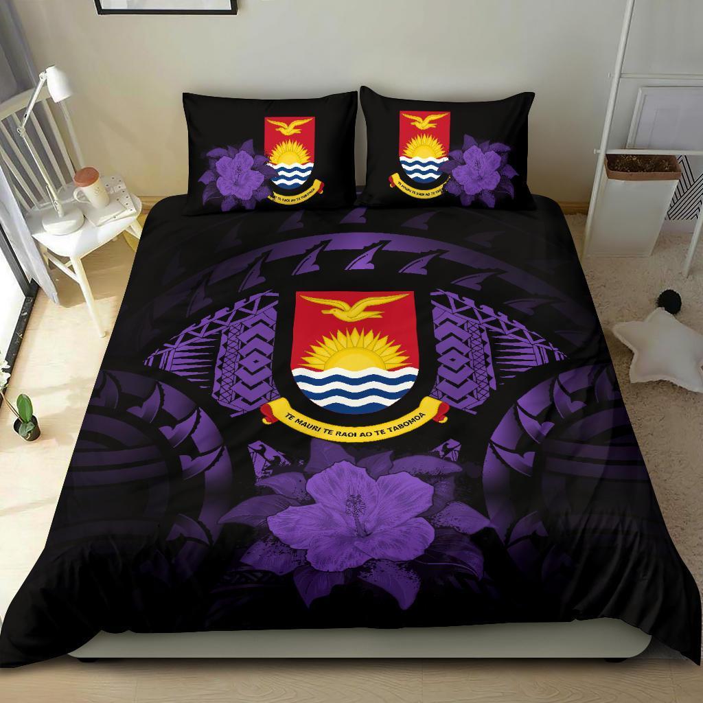 Kiribati Duvet Cover Set - Kiribati Coat Of Arms & Purple Hibiscus - Polynesian Pride