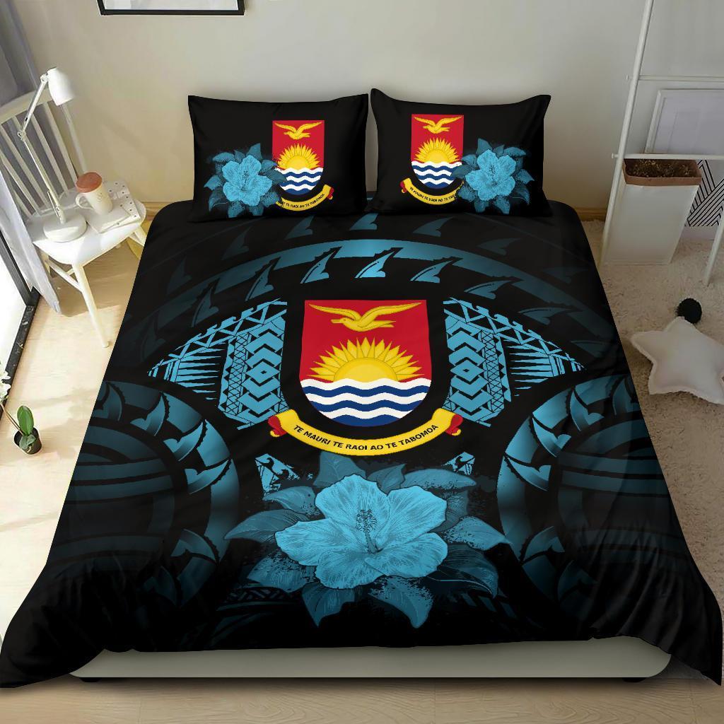 Kiribati Duvet Cover Set - Kiribati Coat Of Arms & Blue Hibiscus - Polynesian Pride