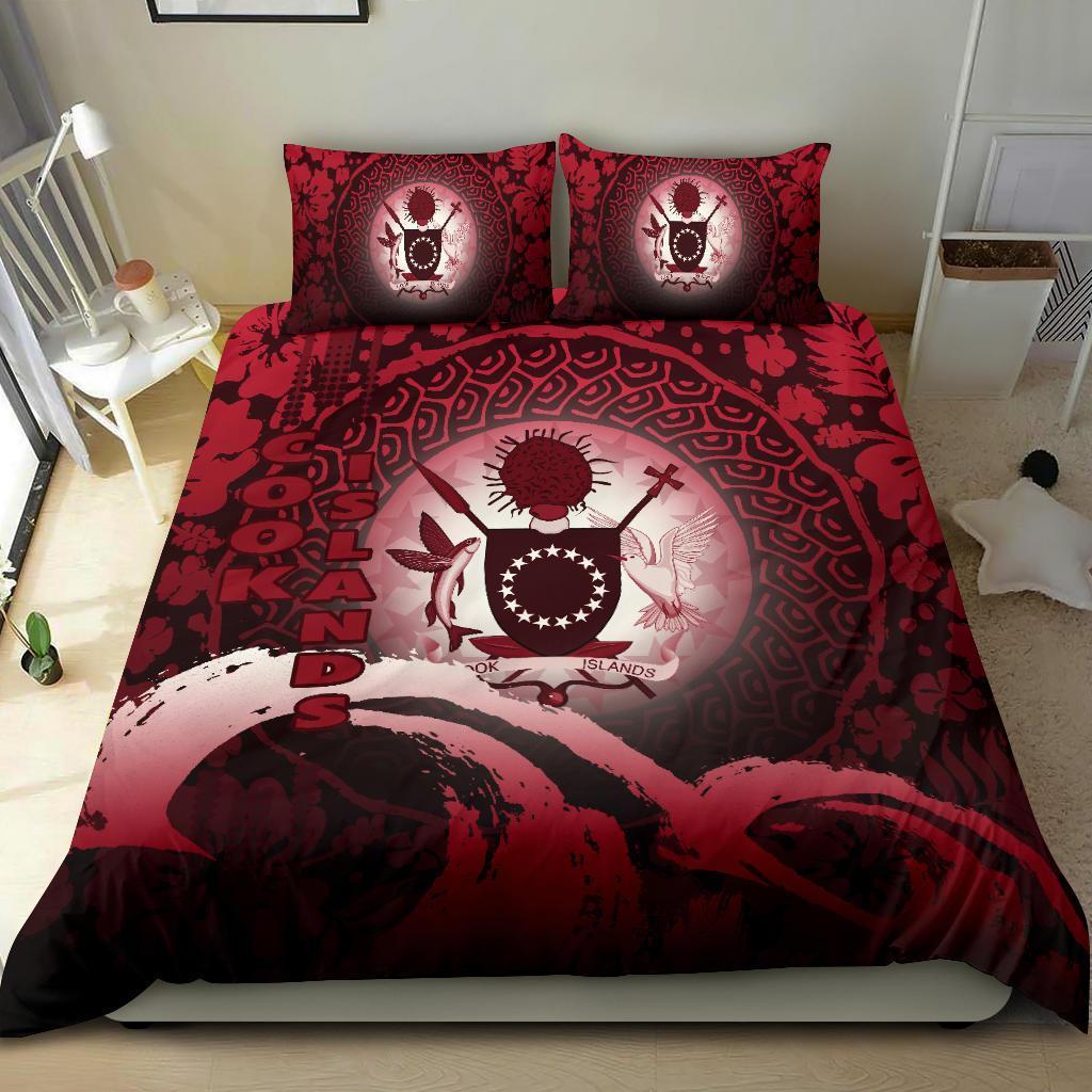 Cook Islands Duvet Cover Set - Cook Islands Coat Of Arms Wave and Hibiscus Red - Polynesian Pride