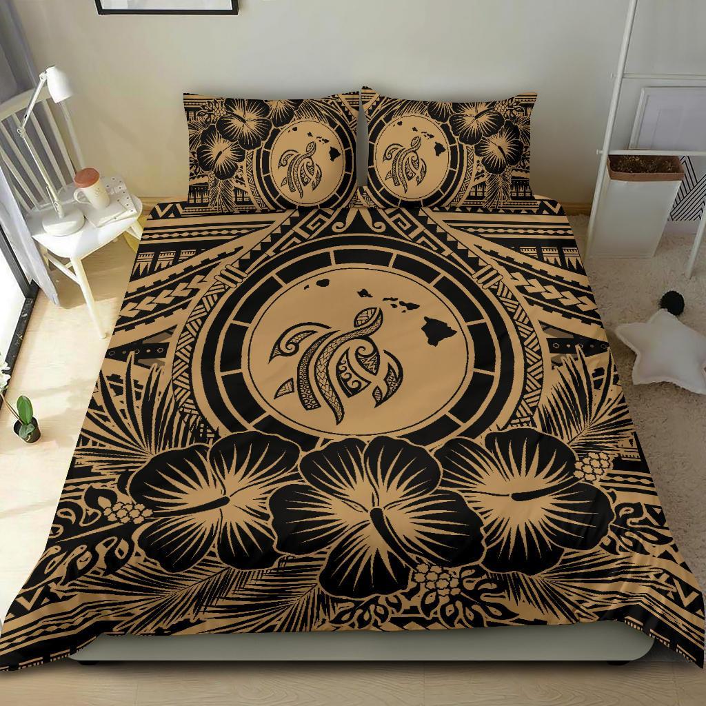 Hawaiian Map Honu Hibiscus Tropic Gold Polynesian Bedding Set - Polynesian Pride
