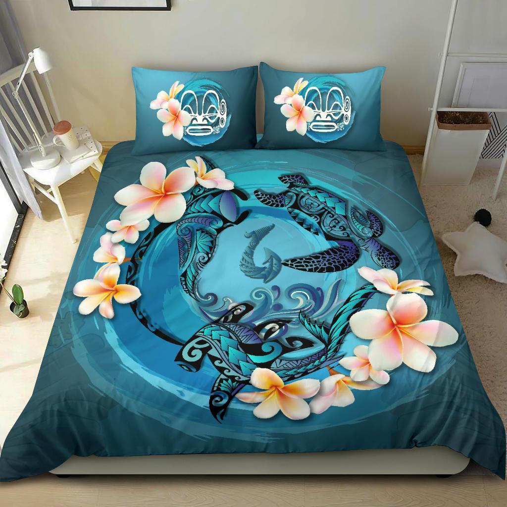 Polynesian Duvet Cover Set - Marquesas Islands Bedding Set Blue Plumeria Animal Tattoo - Polynesian Pride