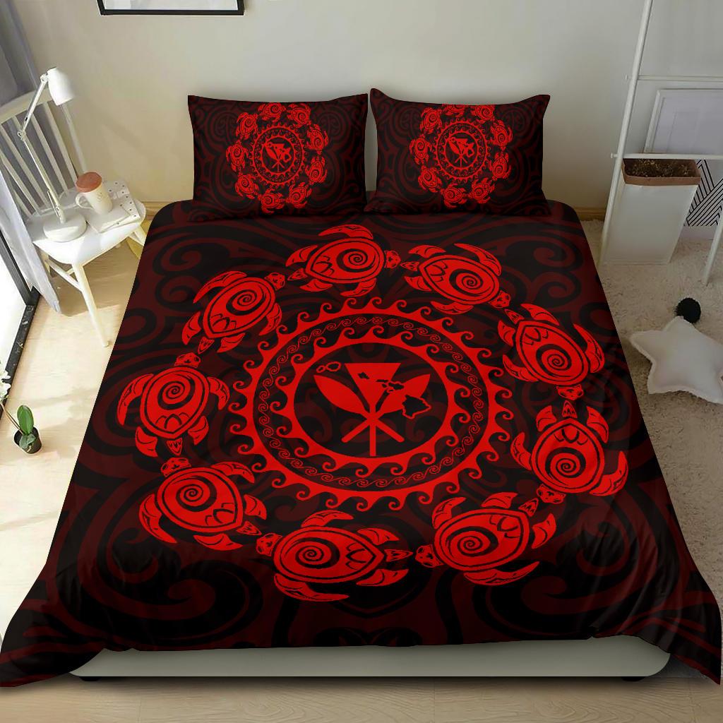 Hawaiian Map Kanaka Turtles Circle Style Red Polynesian Bedding Set - Polynesian Pride