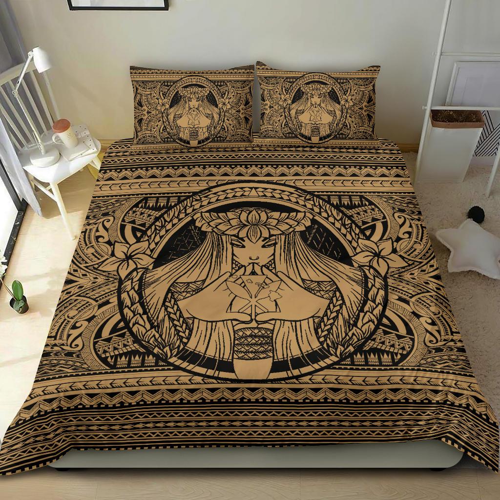Hawaiian Map Madame Pele Kanaka Plumeria Polynesian Bedding Set Gold - Polynesian Pride