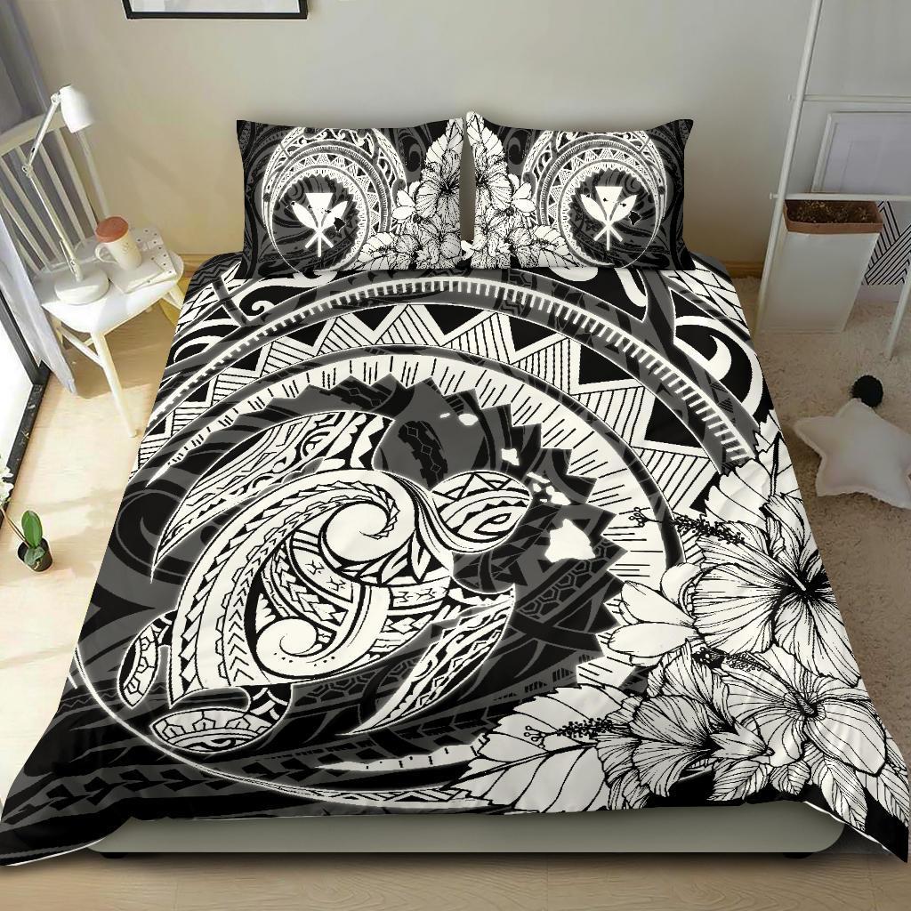 Hawaiian Map Kanaka Honu Hibiscus White Globular Polynesian Bedding Set - Polynesian Pride