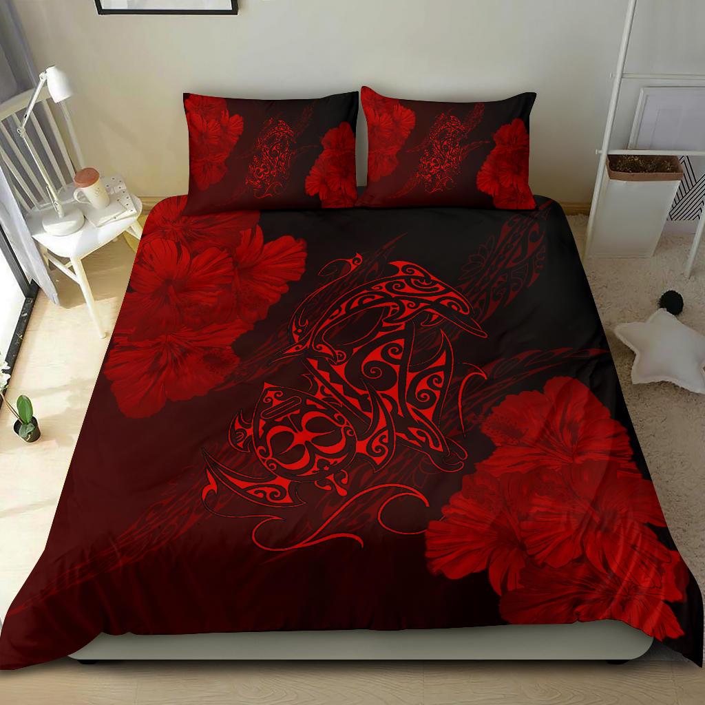 Hawaiian Hibiscus Dolphin Manta Ray Turtle Polynesian Bedding Set Waves Red - Polynesian Pride