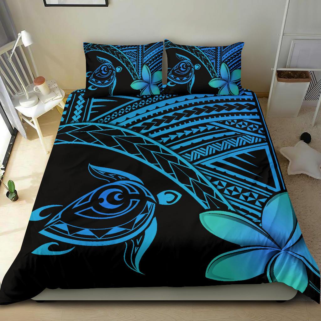 Hawaiian Turtle Kakau Plumeria Polynesian Bedding Set Blue - Polynesian Pride
