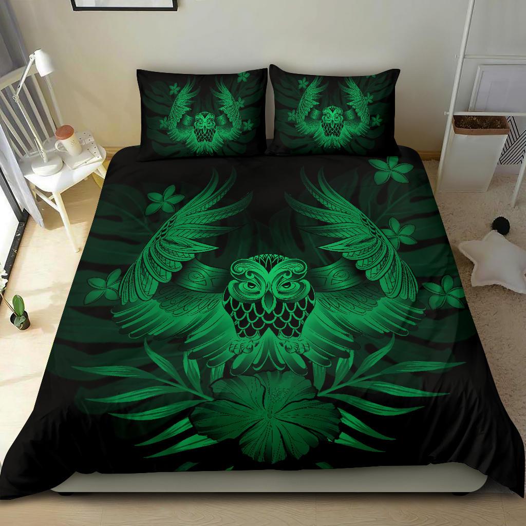 Hawaiian Owl Hibiscus Plumeria Polynesian Bedding Set - Green - Polynesian Pride