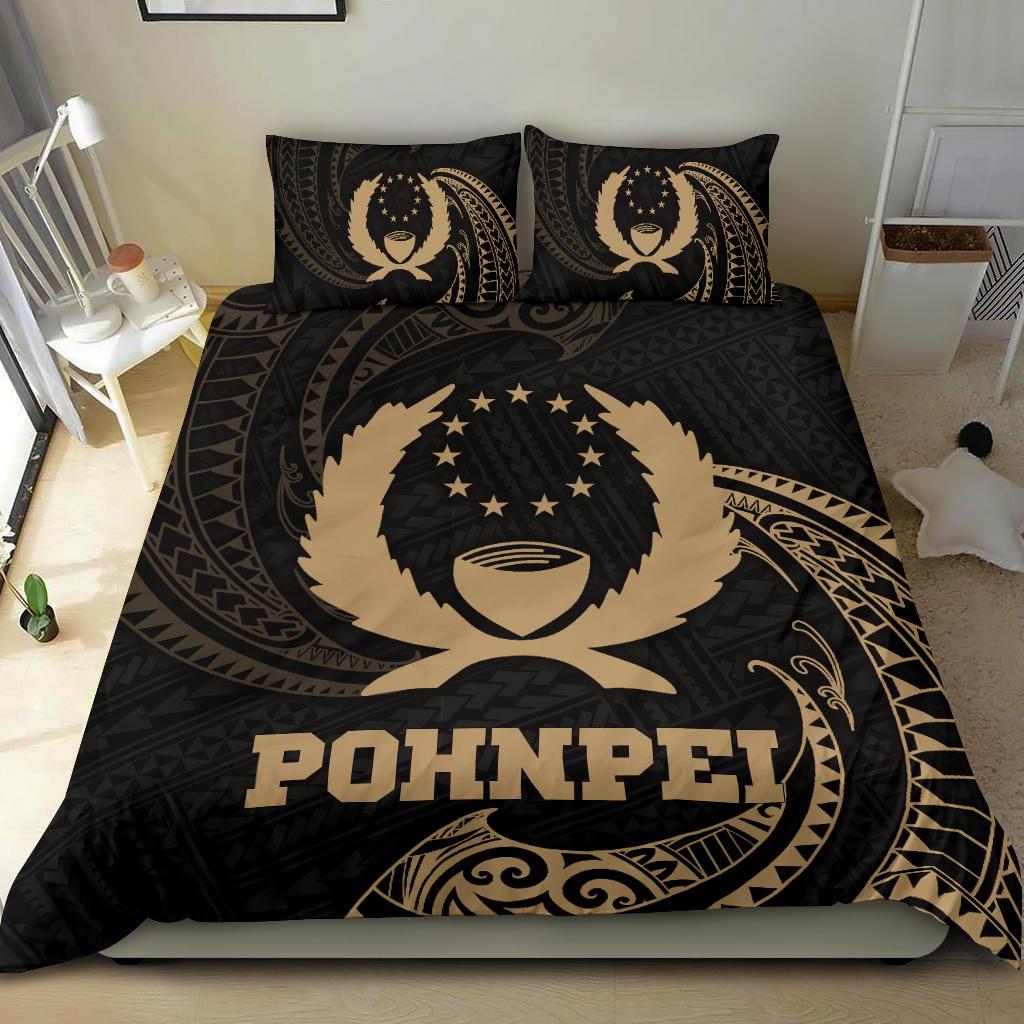 Polynesian Bedding Set - Pohnpei Micronesia Duvet Cover Set Gold Tribal Wave Black - Polynesian Pride