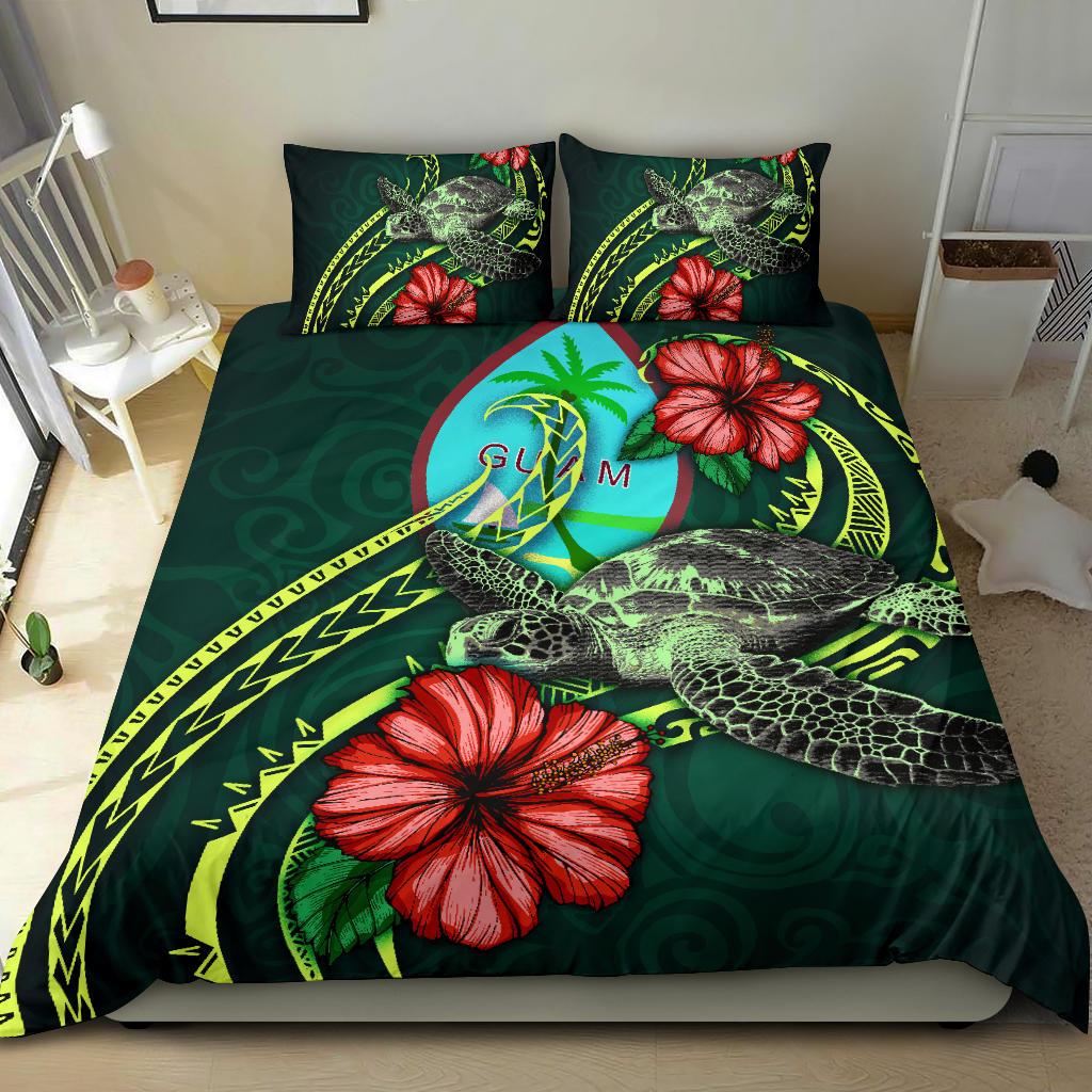 Polynesian Bedding Set - Guam Duvet Cover Set Green Turtle Hibiscus Green - Polynesian Pride