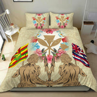Hawaii Map Kanaka Two Men Holding Flag Bedding Set - AH - Beige Ver2 - Polynesian Pride