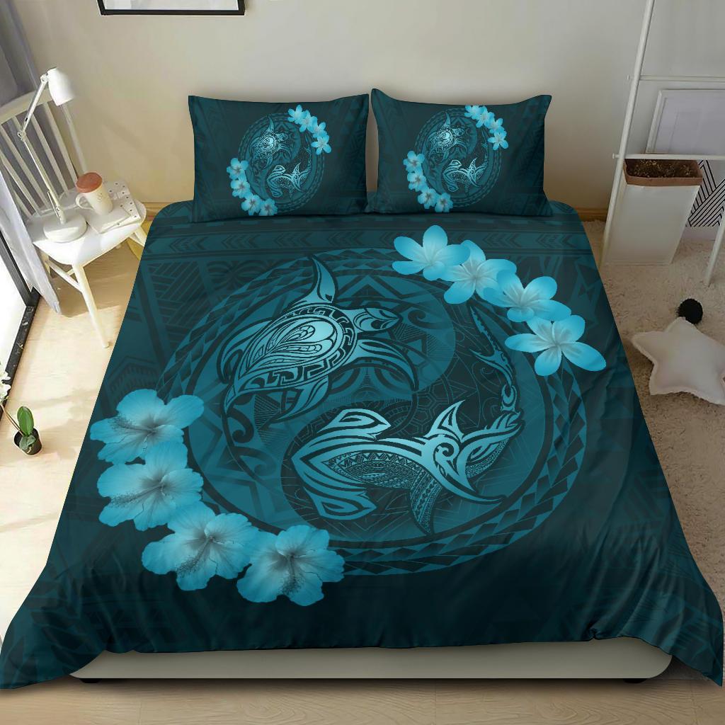 Hawaii Yin Yang Turtle Shark Hibiscus Plumeria Bedding Set - Turquoise - Polynesian Pride