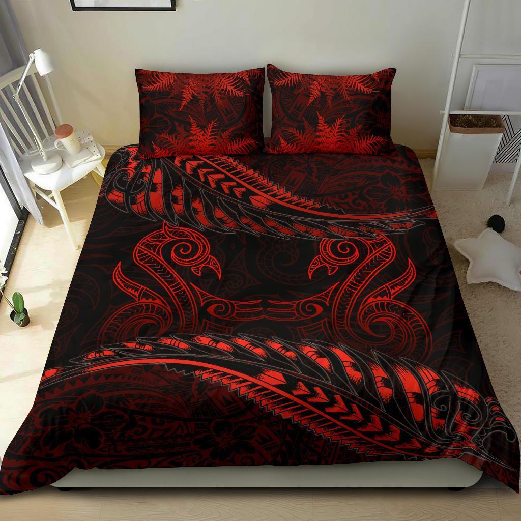 Aotearoa Bedding Set Red Maori Manaia With Silver Fern - Polynesian Pride