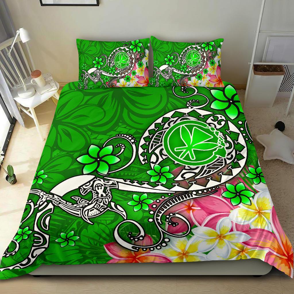 Hawaii Bedding Set - Turtle Plumeria Polynesian Tattoo Green Color Green - Polynesian Pride