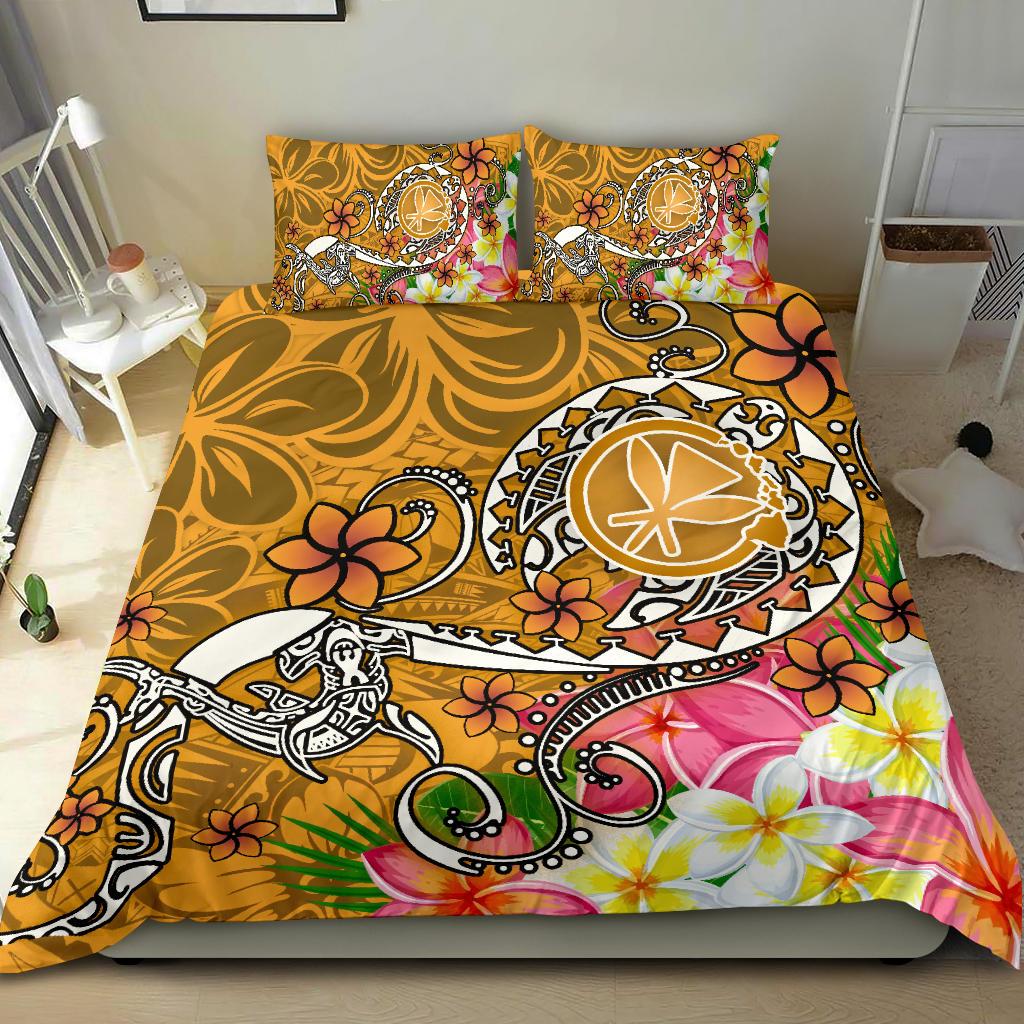 Hawaii Bedding Set - Turtle Plumeria Polynesian Tattoo Gold Color Gold - Polynesian Pride