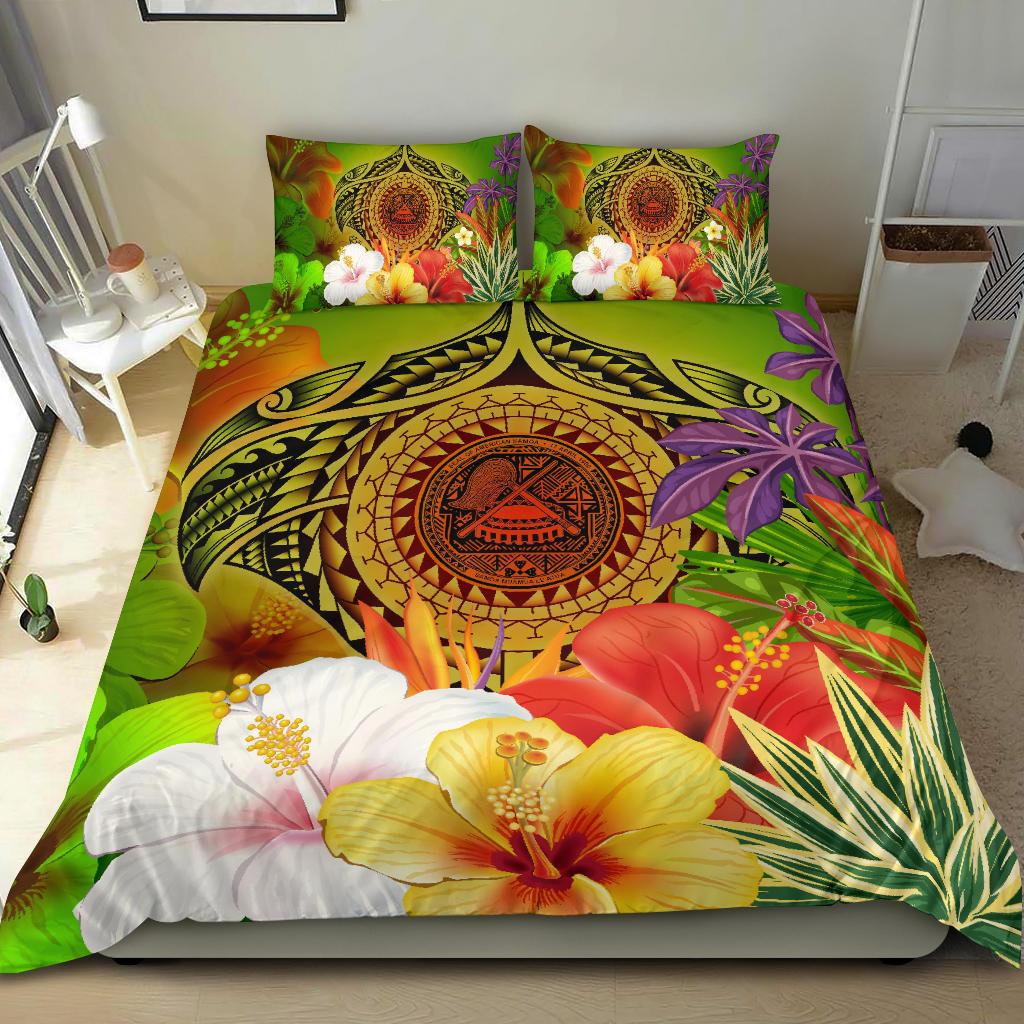 American Samoa Polynesian Bedding Set - Manta Ray Tropical Flowers (Reggae) - Polynesian Pride