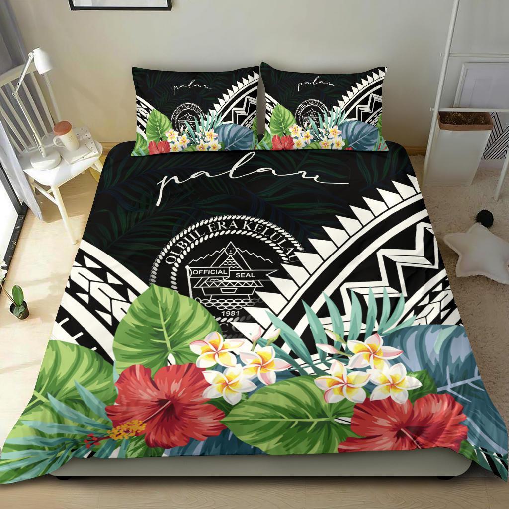 Palau Bedding Set - Palau Coat of Arms & Polynesian Tropical Flowers White - Polynesian Pride