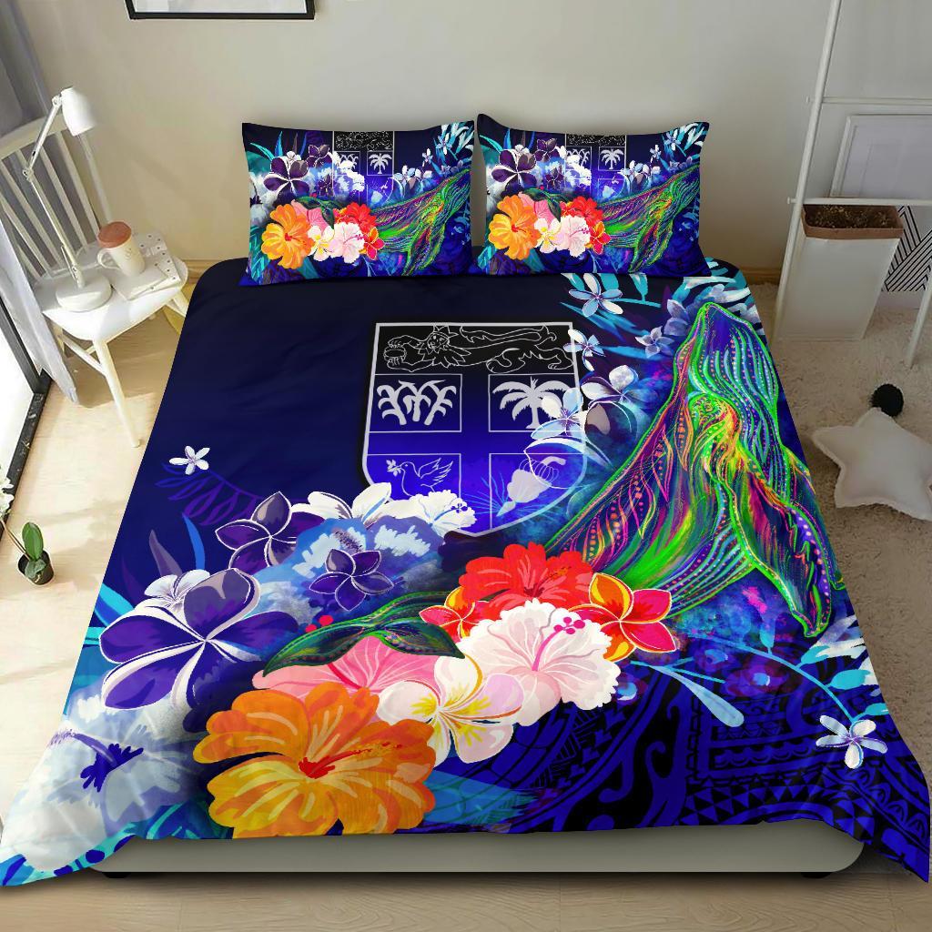Fiji Bedding Set - Humpback Whale with Tropical Flowers (Blue) - Polynesian Pride