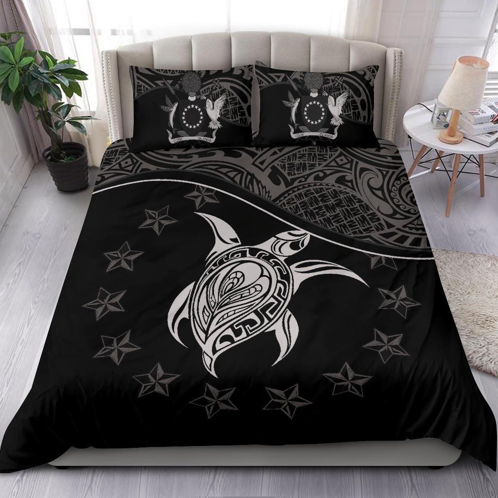 Cook Island Duvet Cover Set - Cook Island Flag & Turtle Tattoo Black - Polynesian Pride