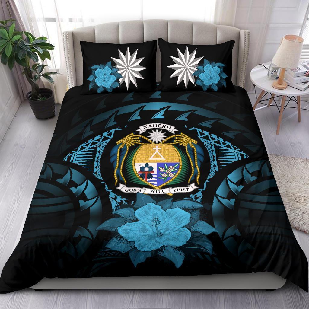 Nauru Duvet Cover Set - Nauru Coat Of Arms & Blue Hibiscus - Polynesian Pride