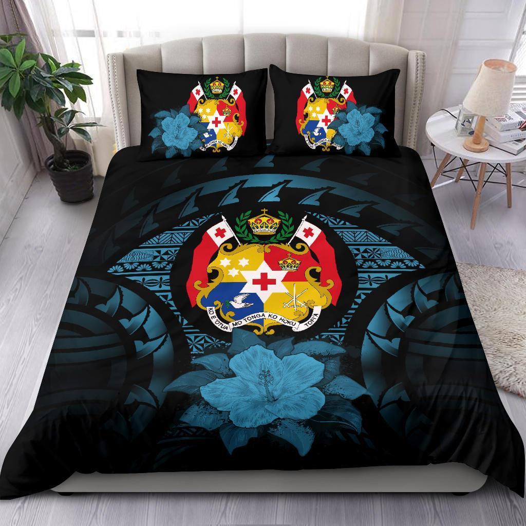Tonga Duvet Cover Set - Tonga Coat Of Arms & Blue Hibiscus - Polynesian Pride