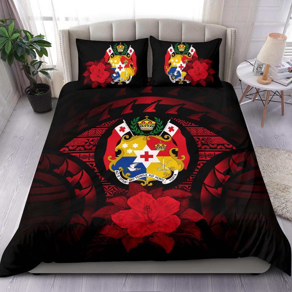 Tonga Duvet Cover Set - Tonga Coat Of Arms & Red Hibiscus - Polynesian Pride