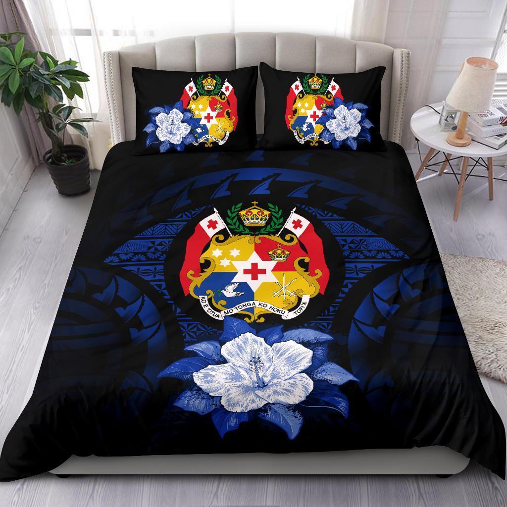 Tonga Duvet Cover Set - Tonga Coat Of Arms & Dark Blue Hibiscus - Polynesian Pride