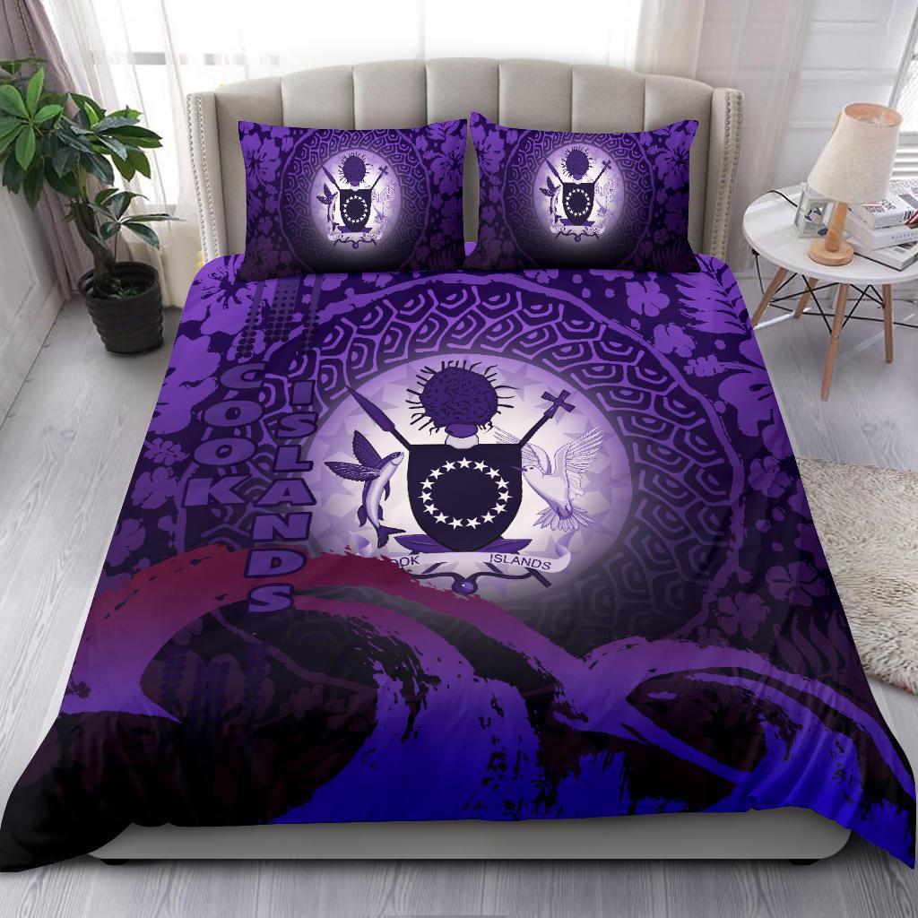 Cook Islands Duvet Cover Set - Cook Islands Coat Of Arms Wave and Hibiscus Purple - Polynesian Pride