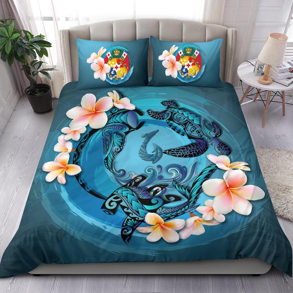 Polynesian Duvet Cover Set - Tonga Bedding Set Blue Plumeria Animal Tattoo - Polynesian Pride