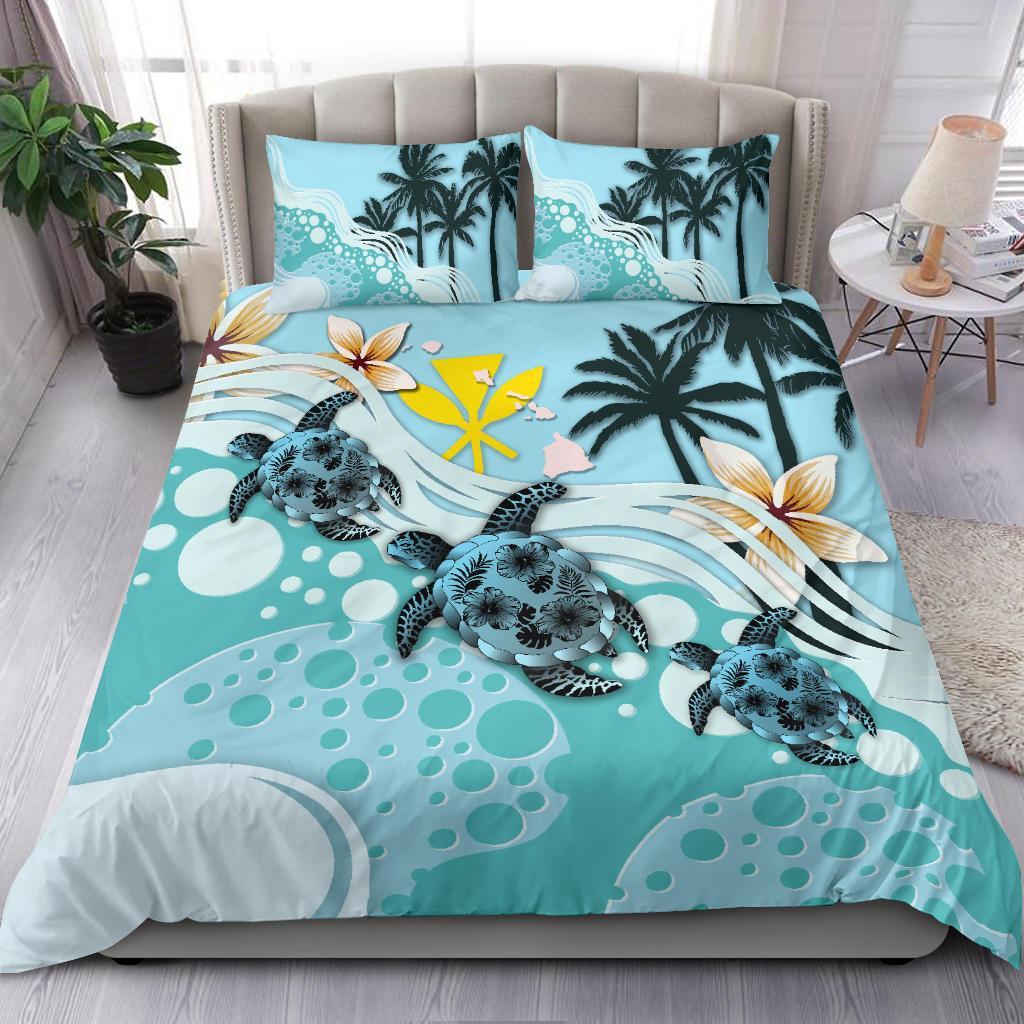 Polynesian Duvet Cover Set - Kanaka Maoli (Hawaiian) Bedding Set Blue Turtle Hibiscus - Polynesian Pride