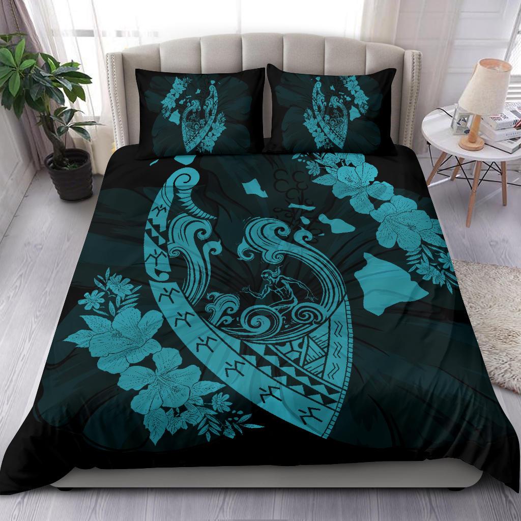 Hawaiian Fish Hook Hibiscus Banzai Surfing Polynesian Bedding Set Blue - Polynesian Pride