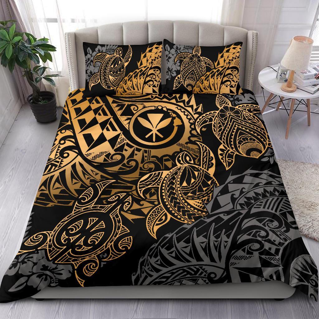 Polynesian Hawaii (Kanaka Maoli) Duvet Cover Set - Gold Hibiscus Turtle Flowing - Polynesian Pride