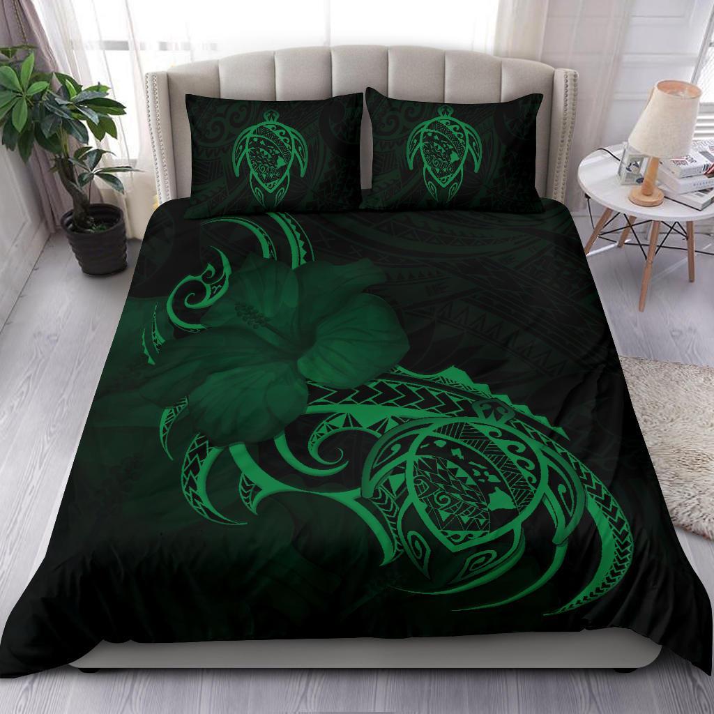 Hawaiian Map Turtle Hibiscus Divise Green Polynesian Bedding Set - Polynesian Pride