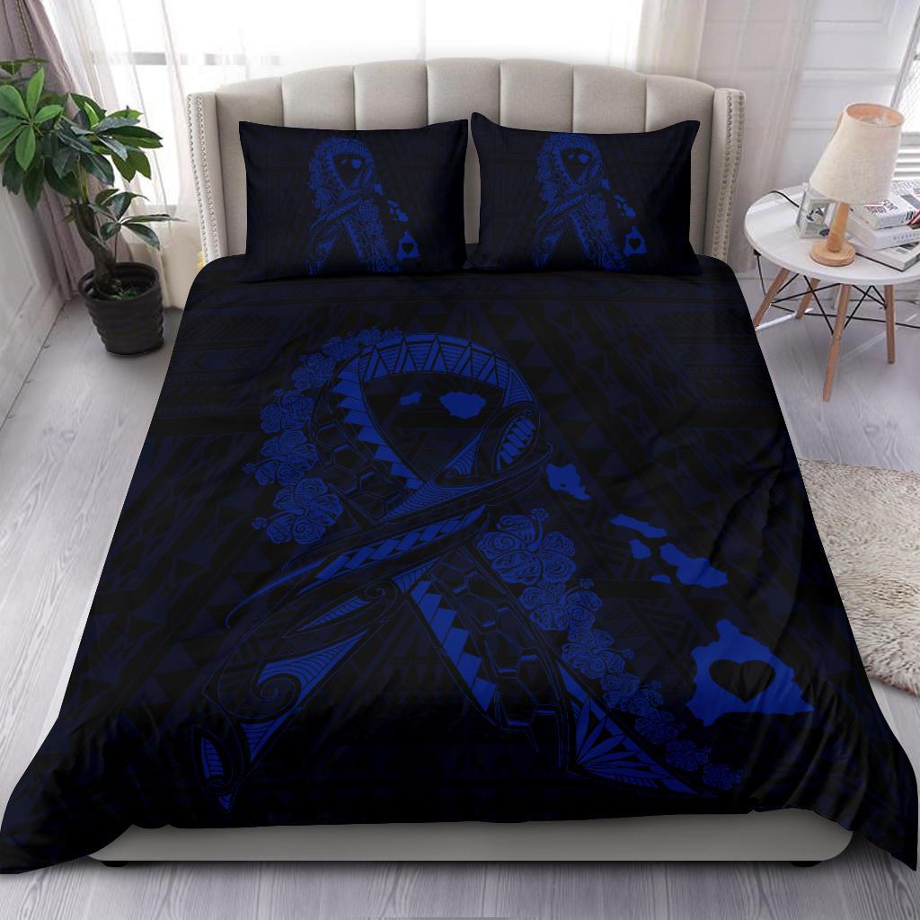 Hawaiian Map Heart Ribbon Cancer Hibiscus Polynesian Bedding Set - Blue - Polynesian Pride