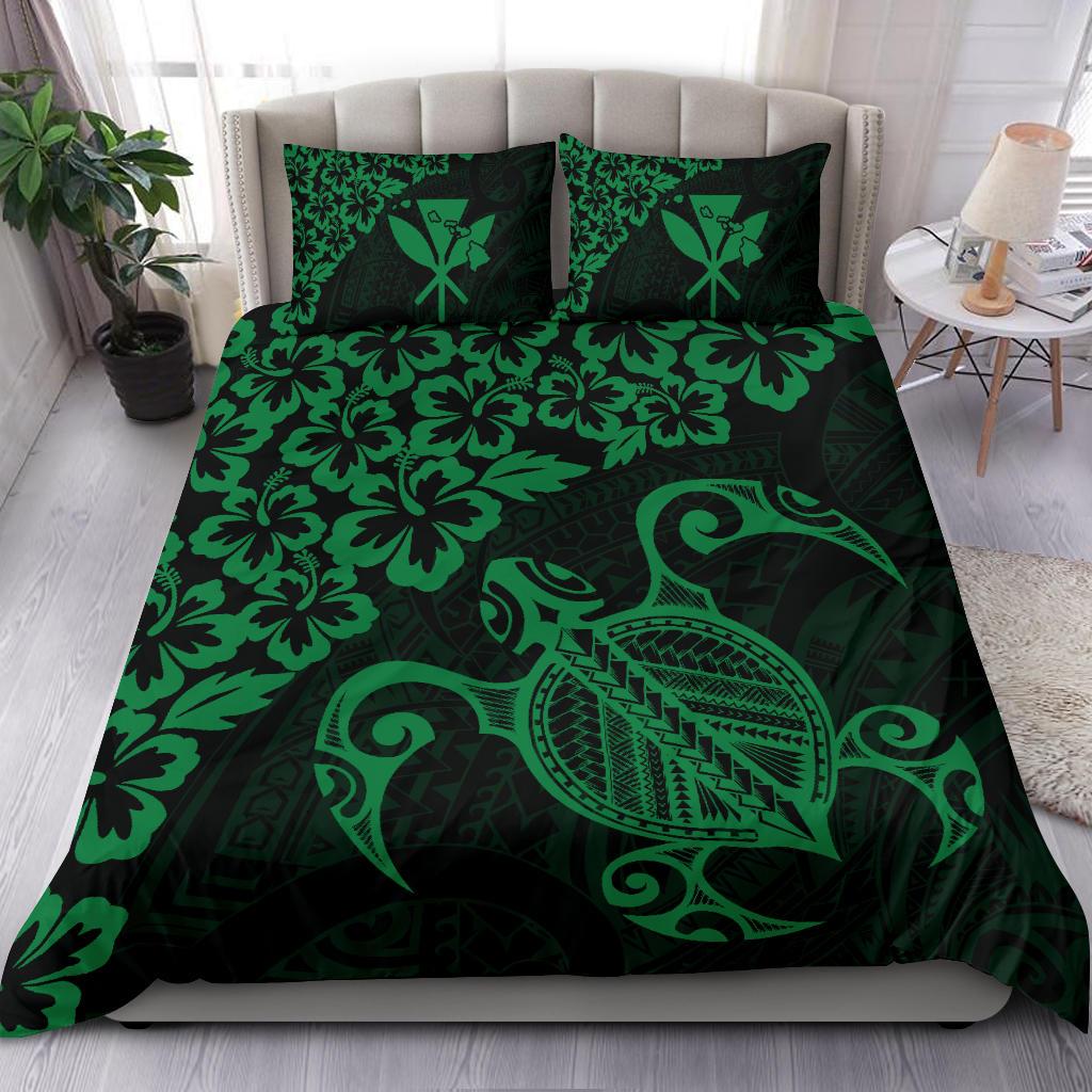 Hawaiian Map Turtle Hibiscus Kanaka Polynesian Bedding Set - Green - Polynesian Pride