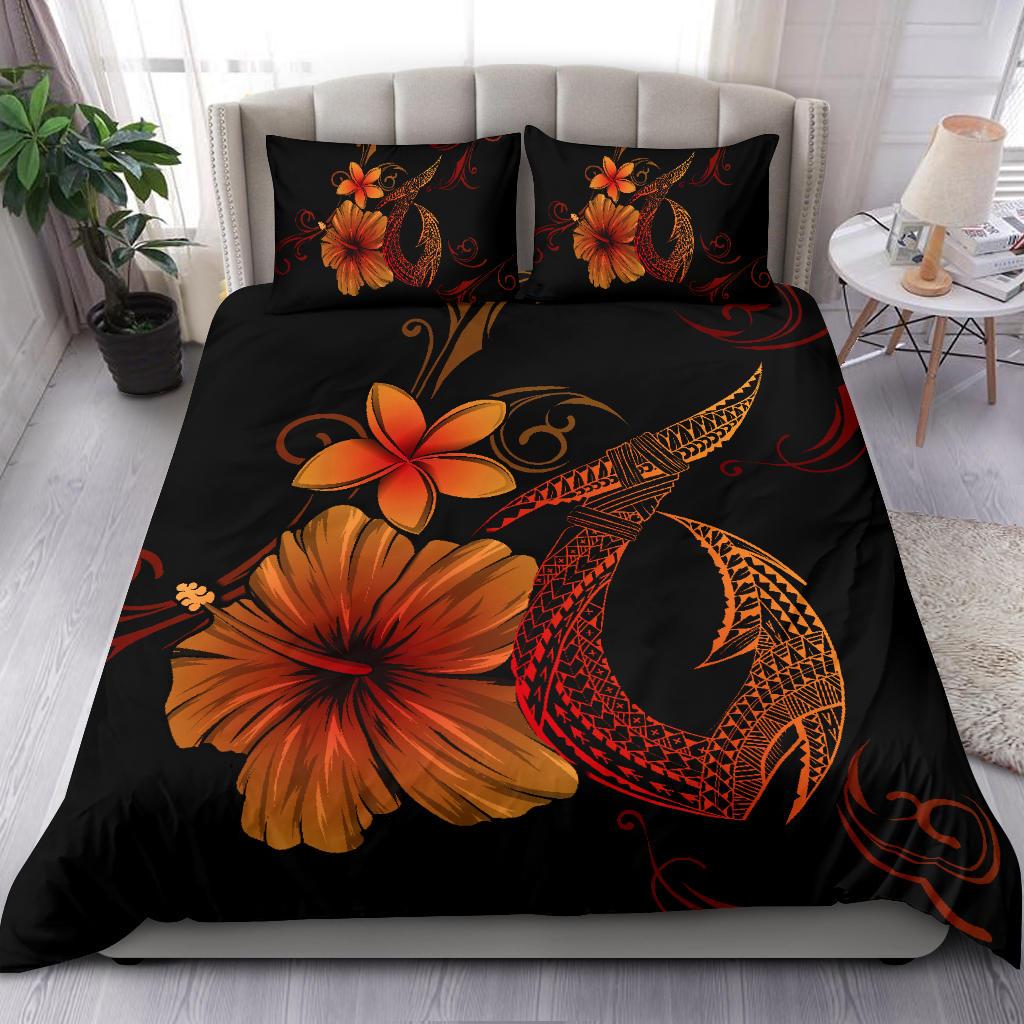 Hawaiian Fish Hook Hibiscus Plumeria Polynesian Bedding Set - Orange - Polynesian Pride
